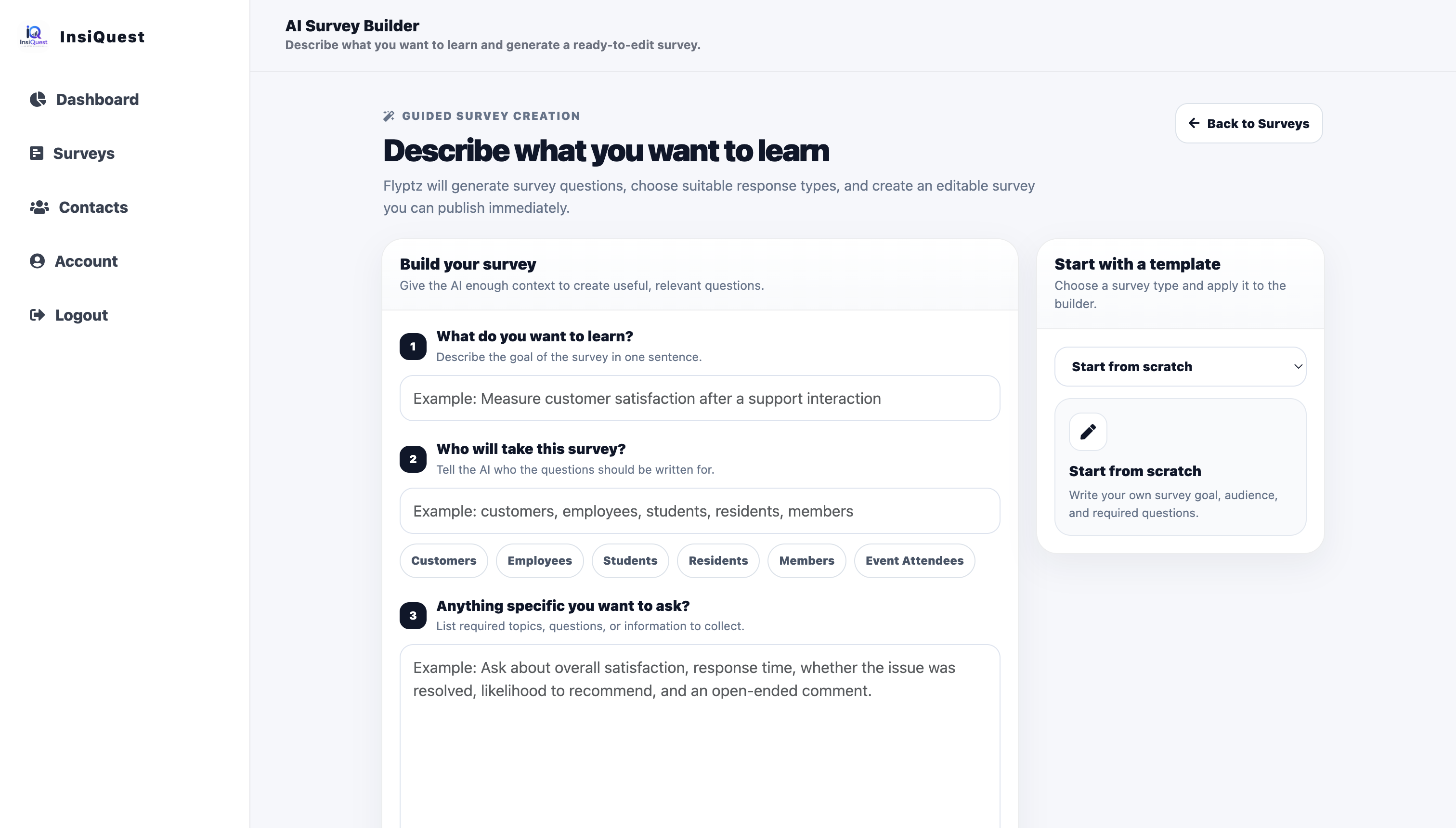 InsiQuest AI Survey Builder desktop workspace