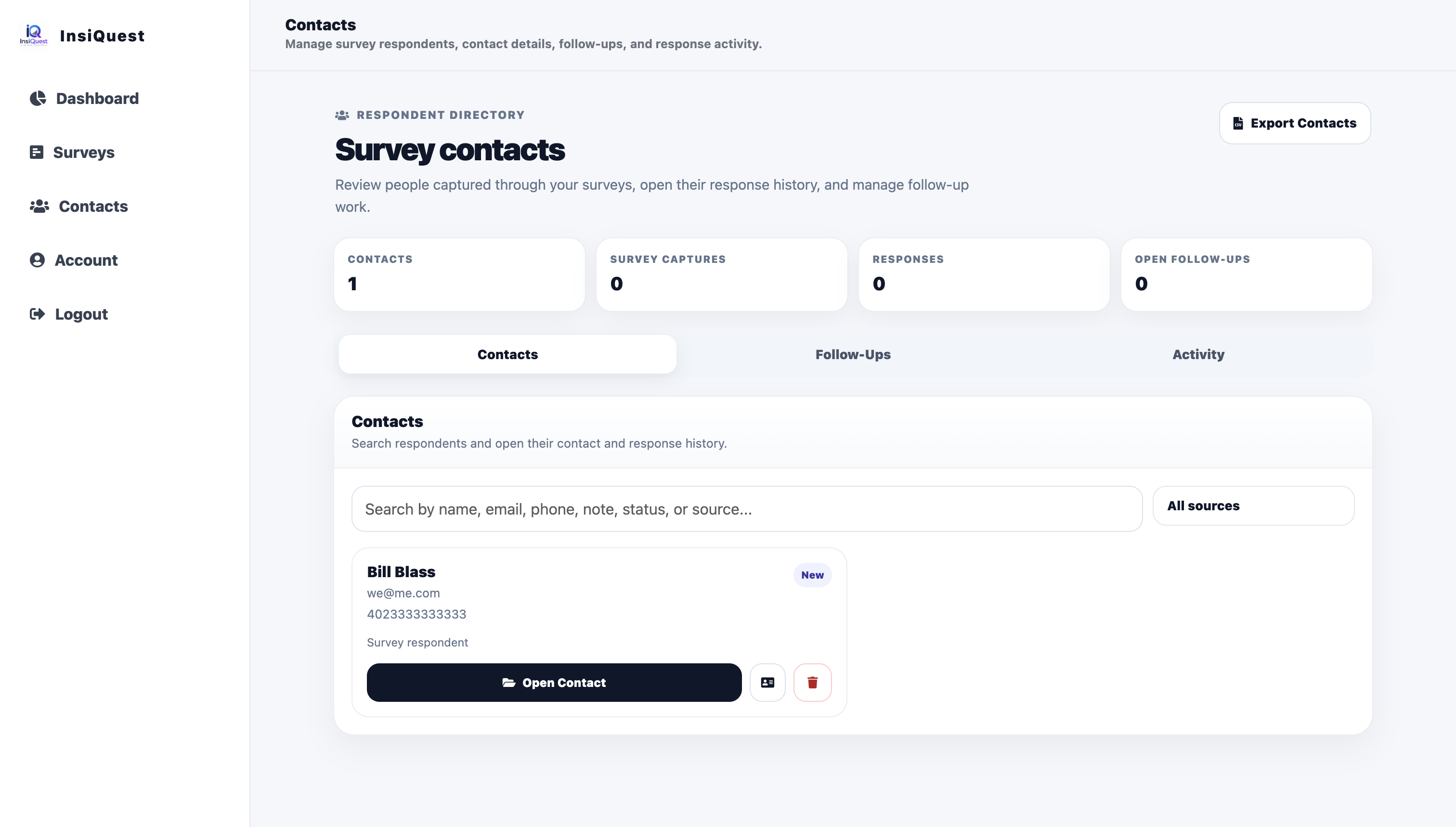 InsiQuest respondent contacts desktop workspace