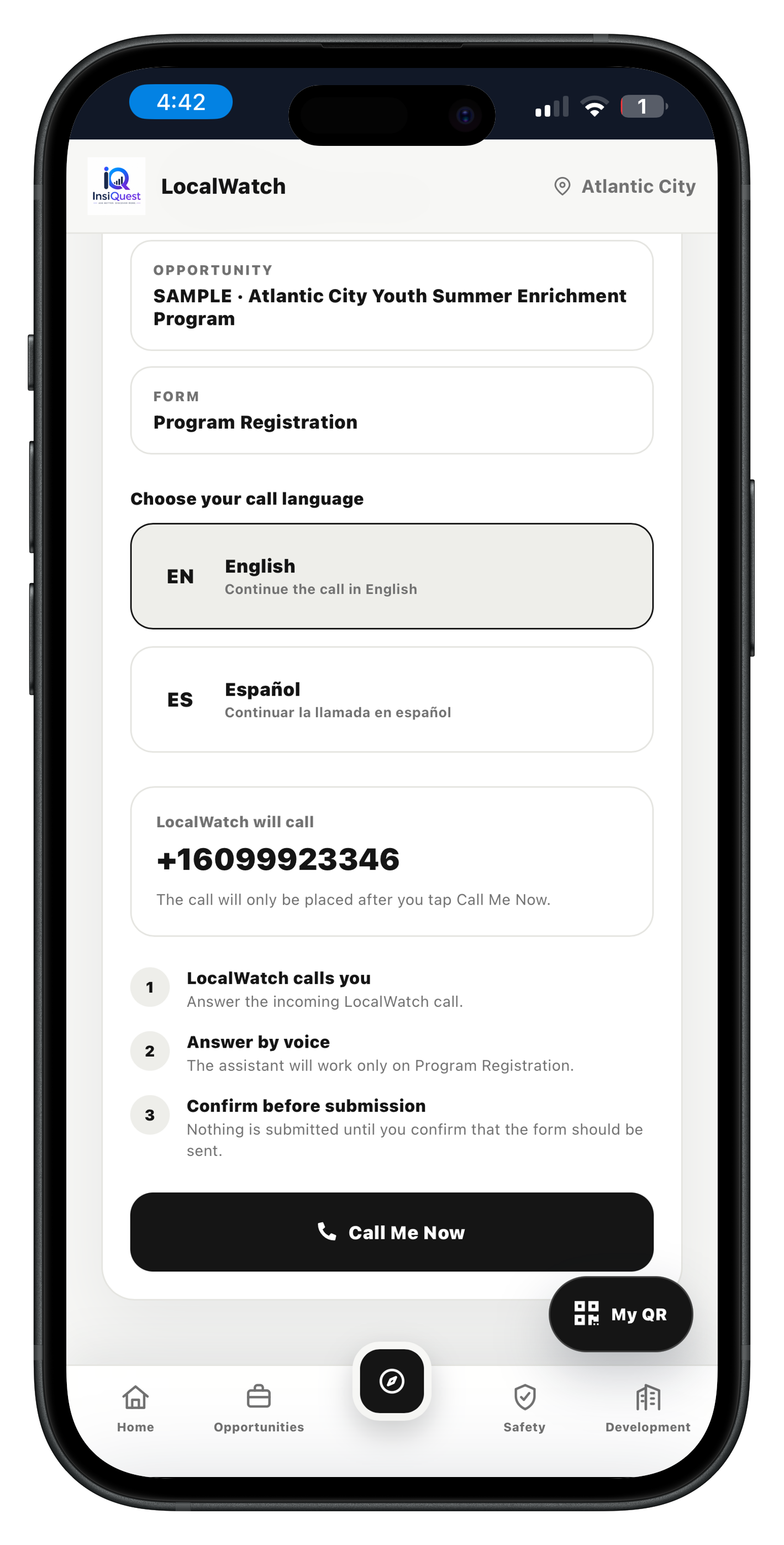 LocalWatch Voice Form Completion ready screen in English
