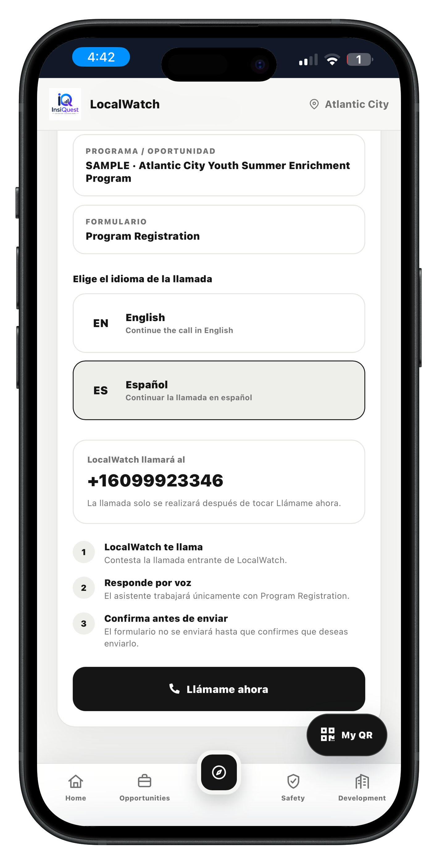 LocalWatch Voice Form Completion ready screen in Spanish