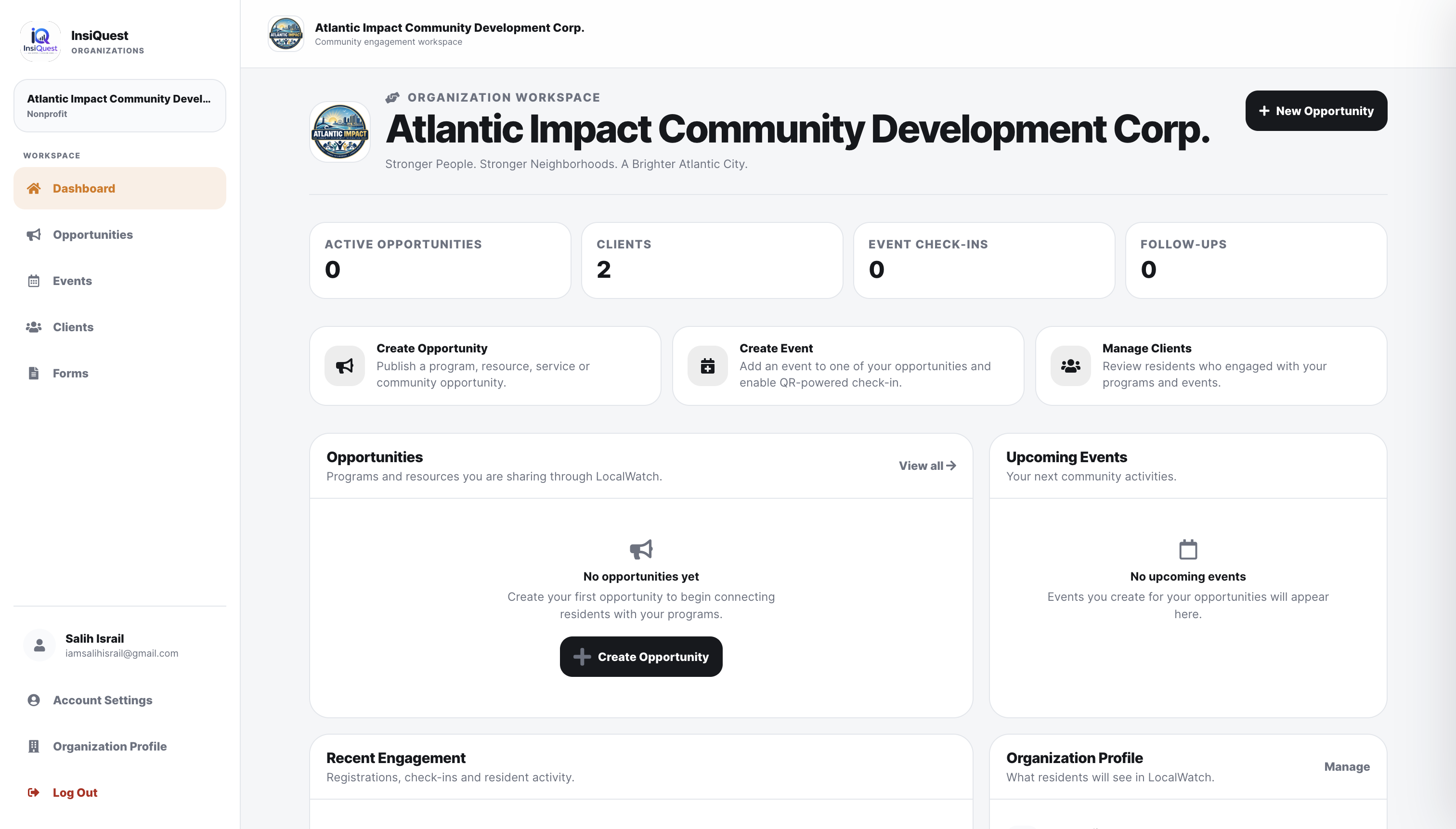 InsiQuest organization dashboard for Atlantic Impact Community Development Corporation