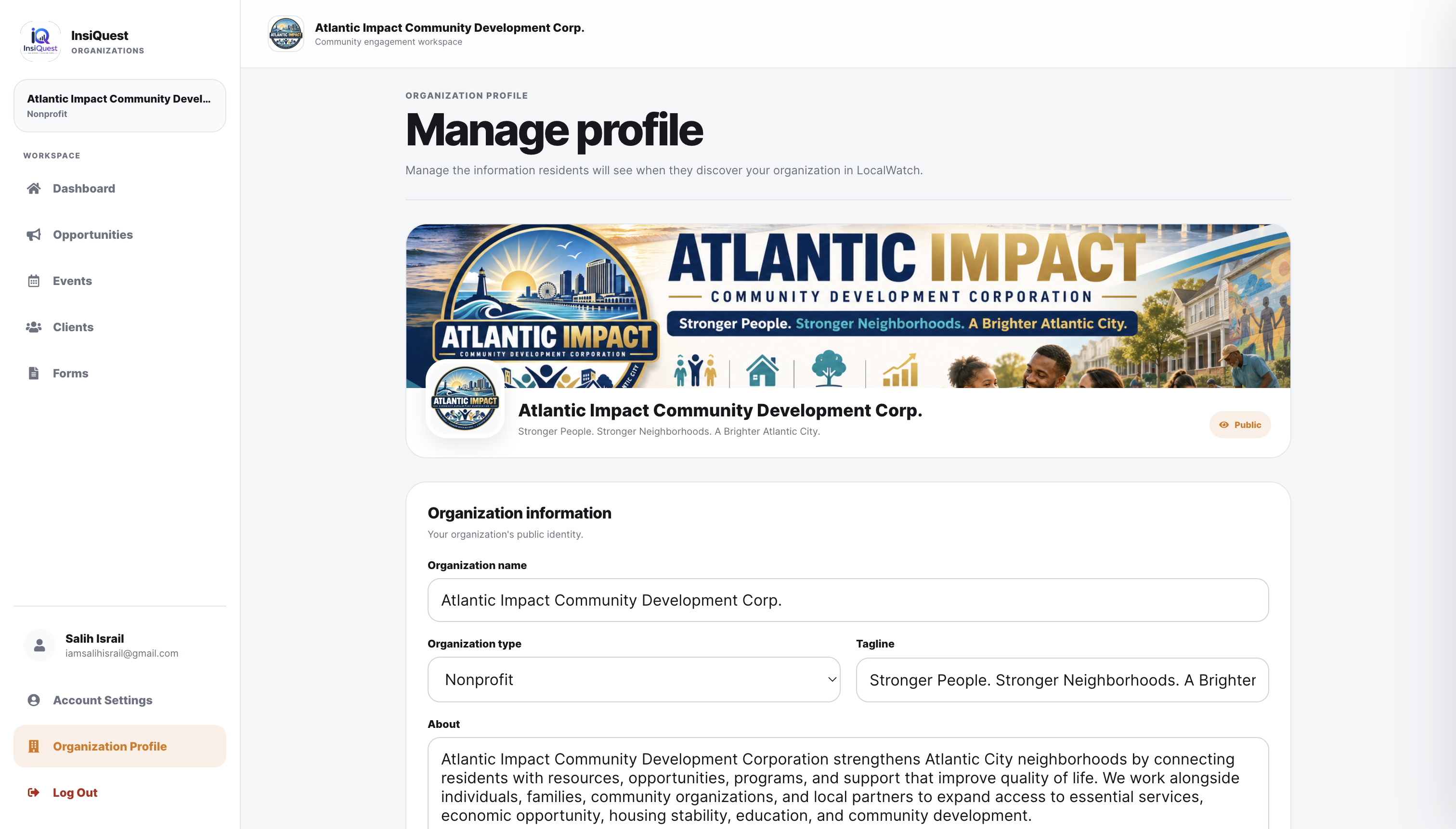 Organization profile management inside the InsiQuest organization portal
