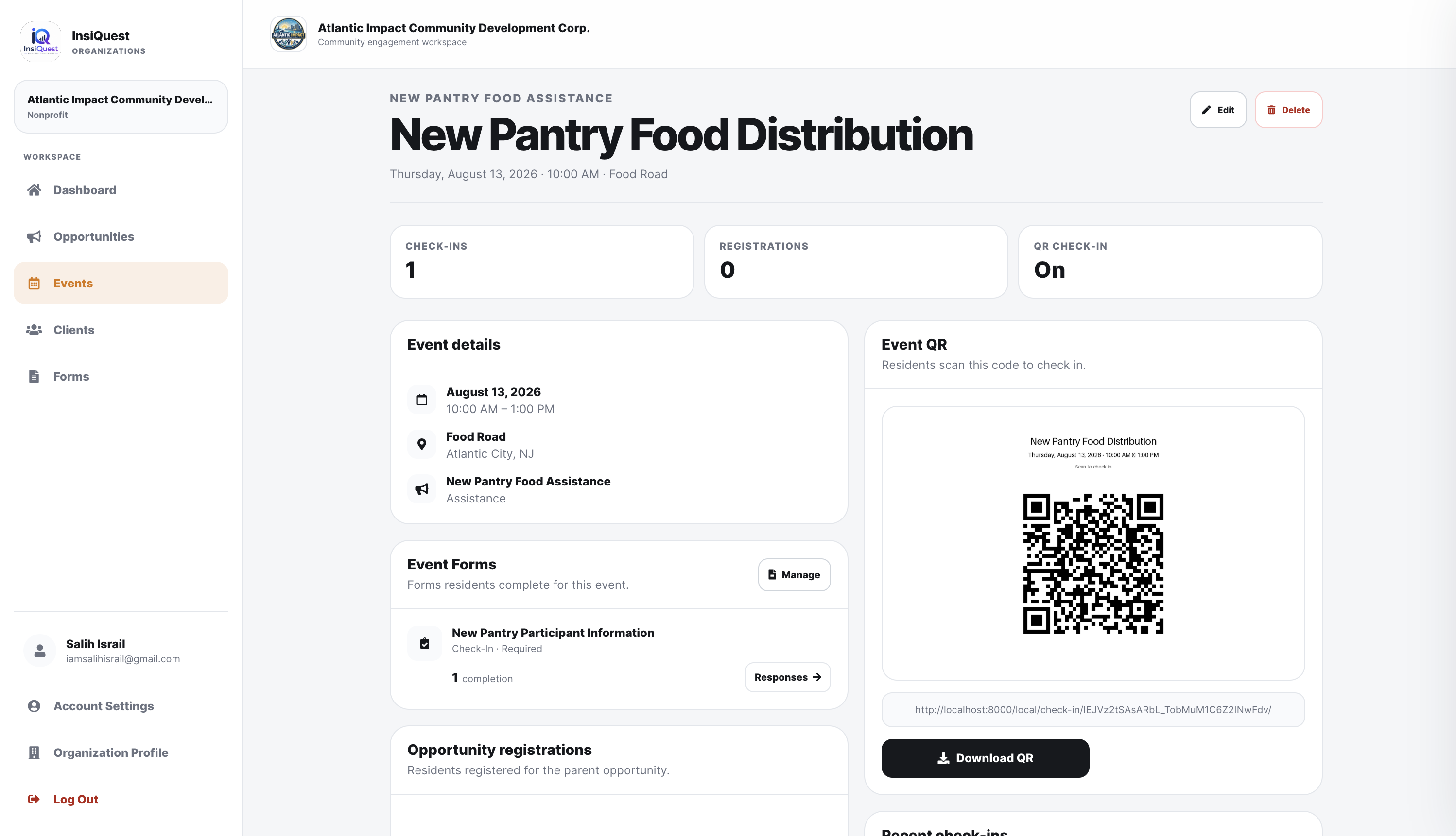 Organization event management screen with QR check-in, forms and participation records