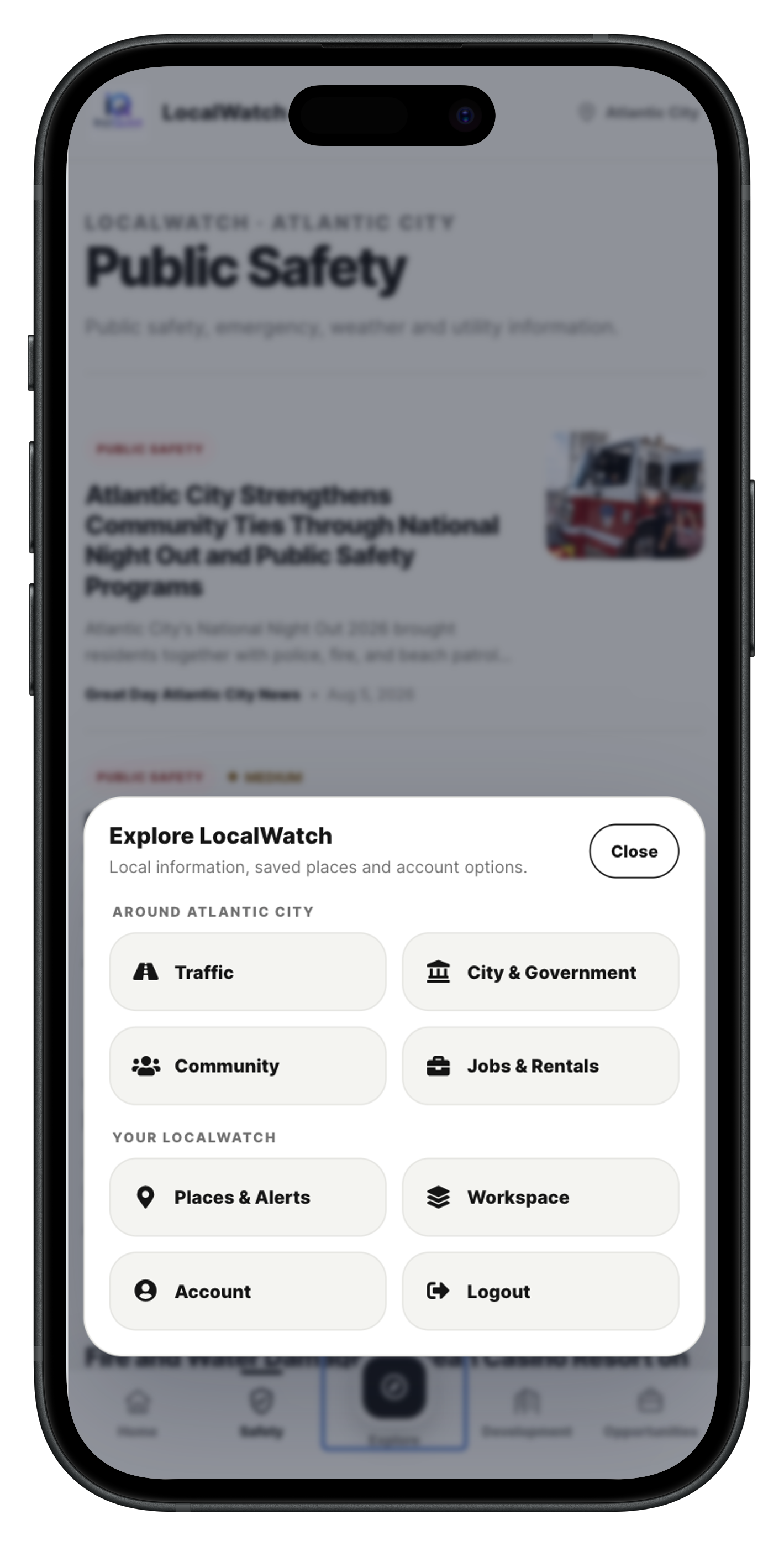 LocalWatch Explore menu