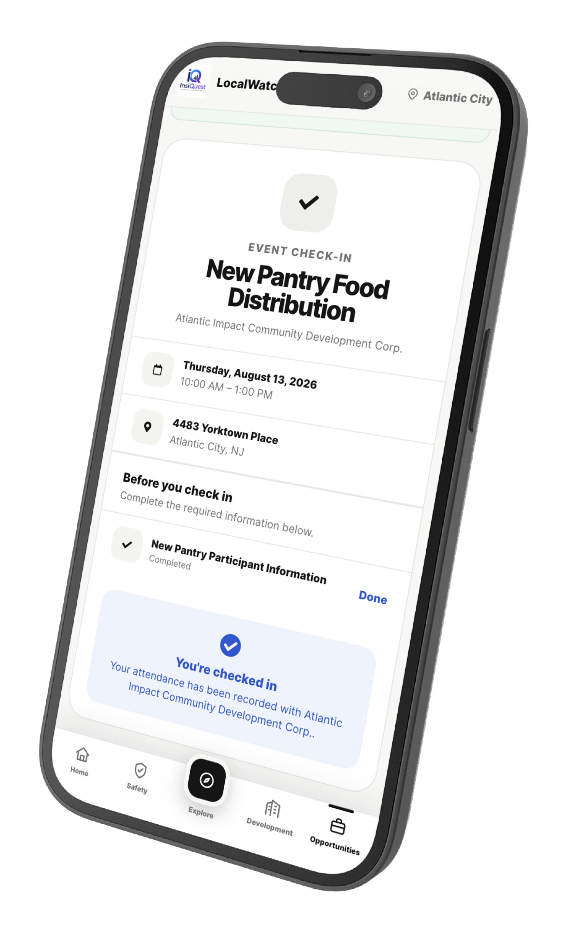 LocalWatch resident event check-in for a community food distribution program