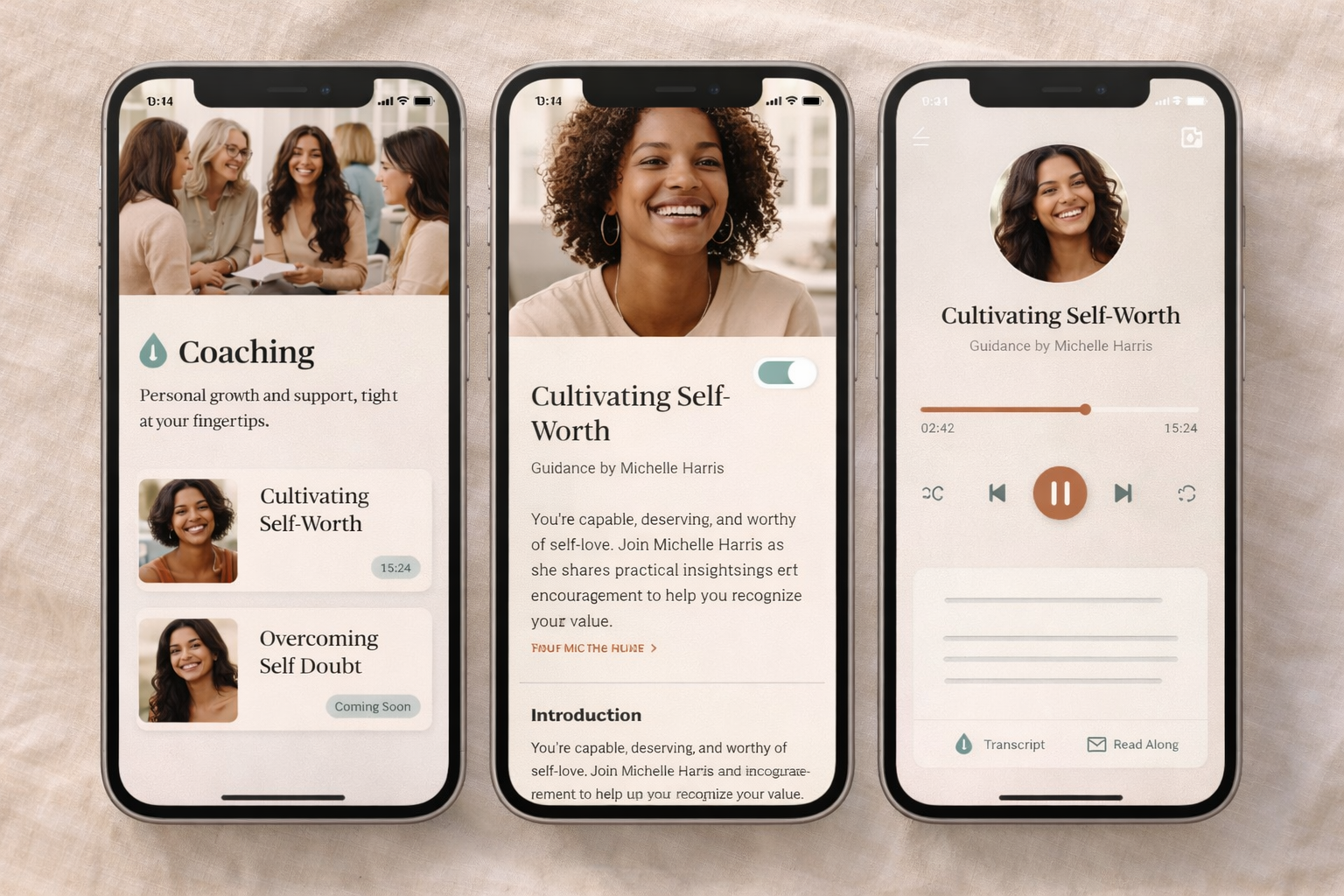 App UI mockups showing coaching screens and audio player